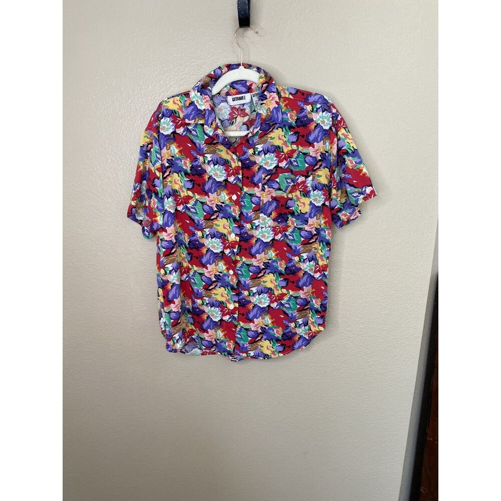 Vintage Gitano Womens Red Blouse L floral short sleeve button up collared cotton